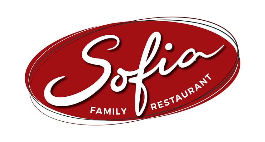 Logo for Sofia Family Restaurant featuring a red oval background with white cursive text.