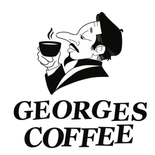 Logo of Georges Coffee featuring a caricature of a man holding a cup of coffee.