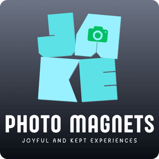 Logo for Jake Photo Magnets featuring stylized text and a camera icon.